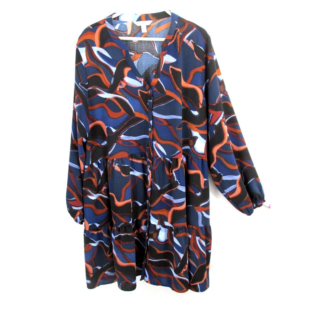 NINE WEST Midi Shift Dress Women XXL Blue V-Neck Button-Up Career Artsy Modest